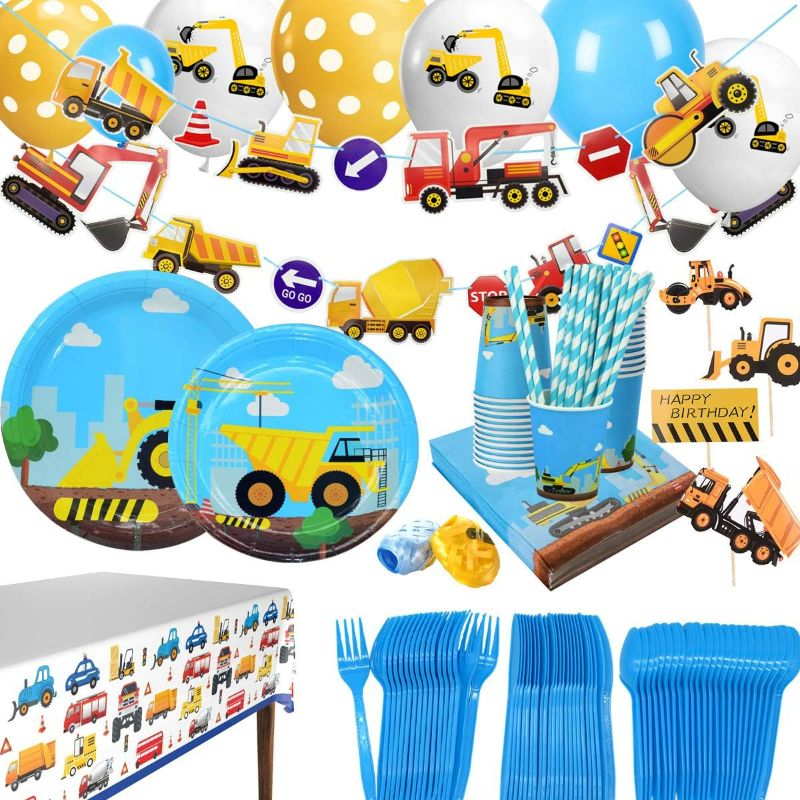 Photo 1 of Construction Themed Birthday Party Supplies for Boys - Dump Truck and Tractor Party Decorations Set For Kids,Include Plates,Cups,Napkins,Balloon,Tablecloth and Banner,24 Guests,235 Pcs