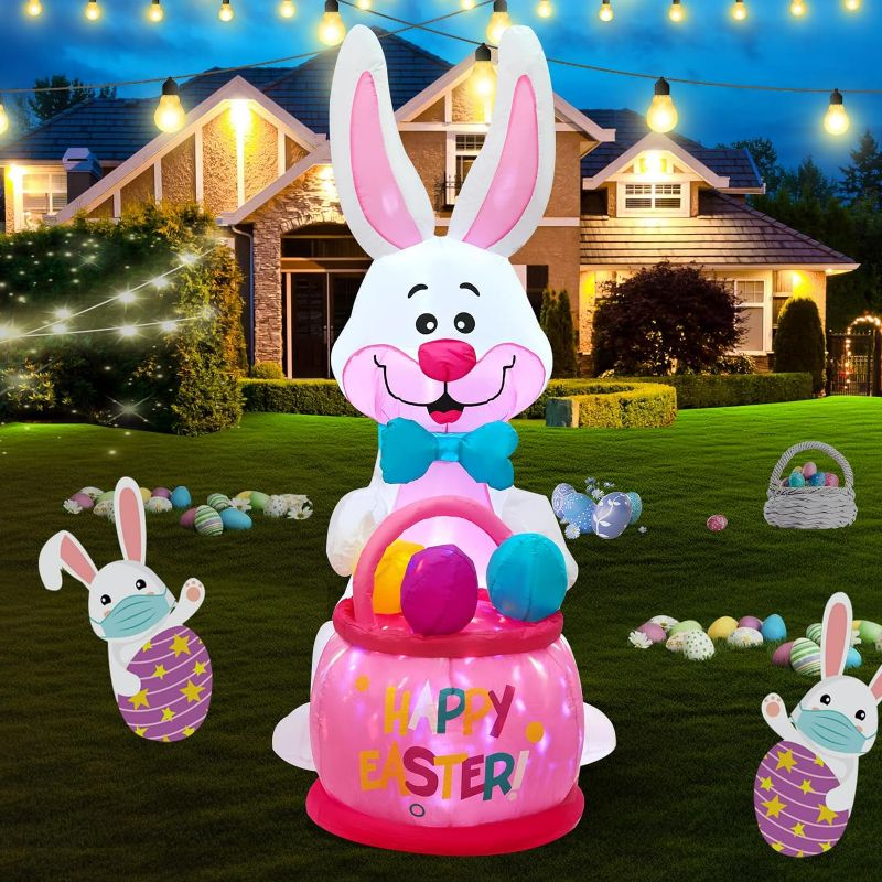Photo 1 of 6ft Bunny Easter Outdoor Inflatable Decoration with Flower Basket, Built-in LED Lights and Kaleidoscope Lights, Suitable for Holiday Parties, Lawn, Yard Outdoor Decoration