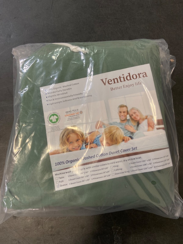 Photo 2 of (Queen Size)Ventidora Green 3 Piece Duvet Cover Set,100% Organic Washed Cotton Linen Feel Like Textured, Luxury Soft and Breatheable Bedding Set with Zipper Closure(1 Comforter Cover + 2 Pillowcases)