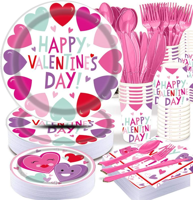Photo 1 of Valentines Day Heart Tableware for Kids, 25 Set Disposable Dinnerware Set - Paper Plates Napkins Cups, tablecloths Pink Plastic Forks Knives Spoons for kids school party
