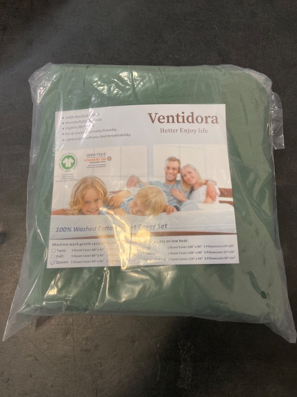 Photo 2 of Queen Size - Ventidora Green 3 Piece Duvet Cover Set 100% Organic Washed Cotton Linen Feel Like Textured, Luxury Soft and Breatheable Bedding Set with Zipper Closure(1 Comforter Cover + 2 Pillowcases)