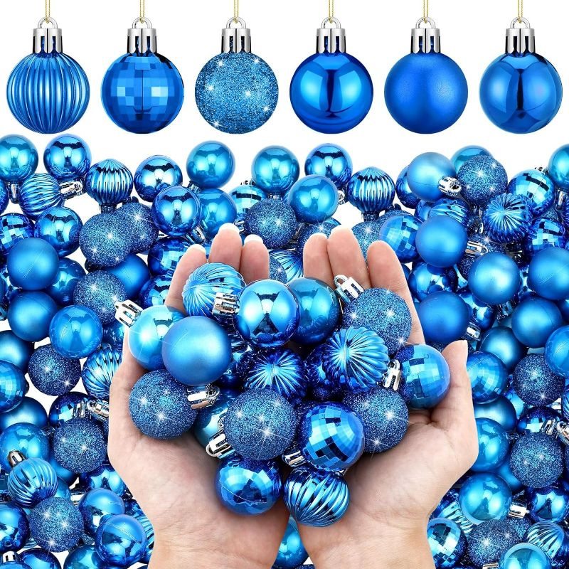 Photo 1 of Shappy 216 Pcs Mini Christmas Ball Ornament 1.18" Christmas Tree Decorations 6 Styles Small Christmas Shatterproof Ball with Hanging Loop for Holiday Party Wreath Xmas Tree Decor (Royal Blue)
