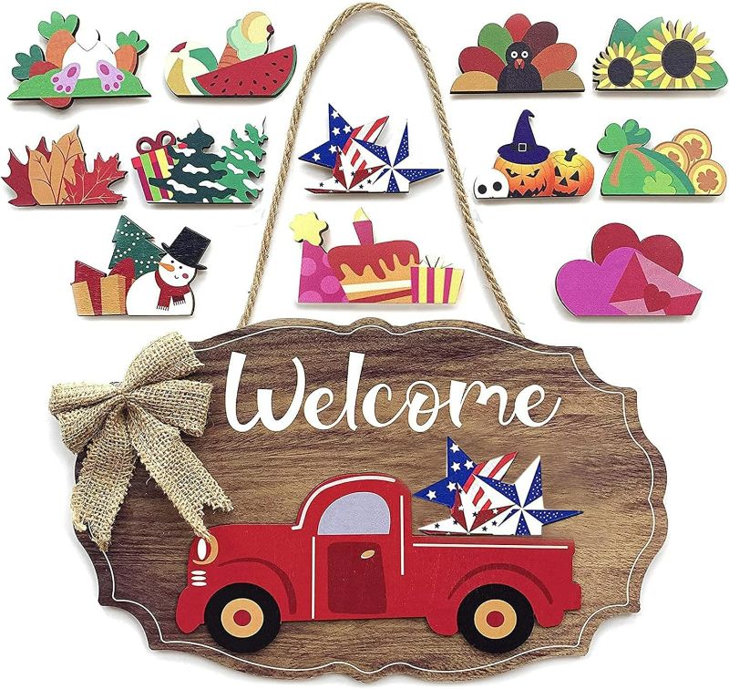 Photo 1 of Interchangeable Seasonal Red Truck Welcome Sign for Front Door Porch Decor with 12 Holiday Icons Rustic Farmhouse Wooden Decorations Home Wall Hanging 4th of July
