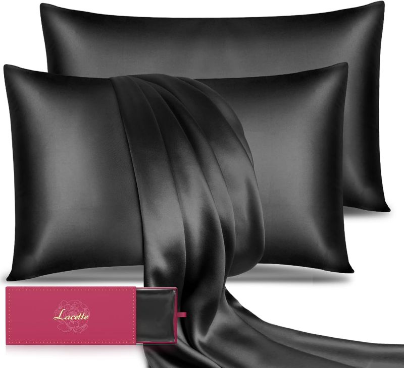 Photo 1 of Silk Pillowcase for Hair and Skin 2 Pack, 22Momme 100% Mulberry Silk & Natural Wood Pulp Fiber Grade 6A Dual-Sided Silk Pillow Cases, Silk Pillow Cover with Zipper (Standard20 x26,Dark Black)
