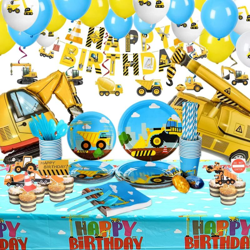 Photo 1 of Construction Birthday Party Supplies Set For Boys - 24 Guests – Dump Truck And Tractor Party Decorations, Paper Plates Cups Napkins Straws Balloons Cutlery Toppers Banners Tablecloth
