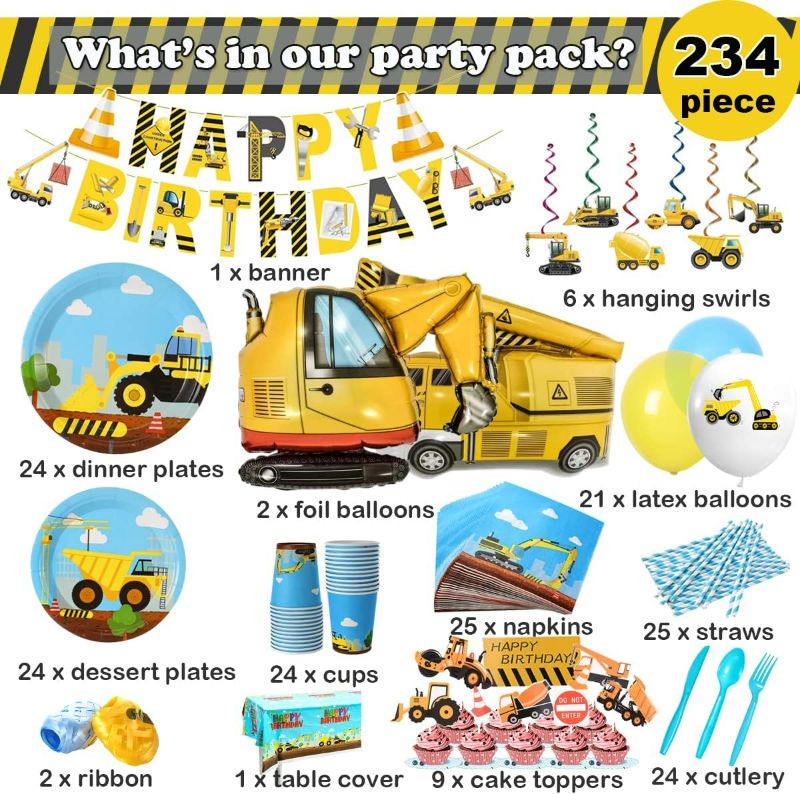 Photo 2 of Construction Birthday Party Supplies Set For Boys - 24 Guests – Dump Truck And Tractor Party Decorations, Paper Plates Cups Napkins Straws Balloons Cutlery Toppers Banners Tablecloth
