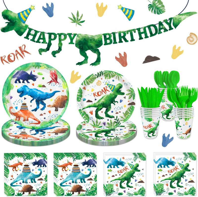 Photo 1 of Watercolor Dinosaur Party Supplies Dinosaur Theme Birthday Party Decoration Includes Banner Plates Cups Napkins Knives Forks Spoons Tableware for Boys Birthday, Serves 24 Guests