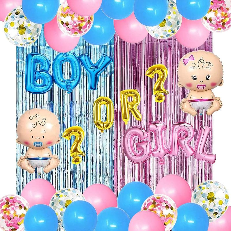 Photo 1 of Gender Reveal Party Supplies Kit, Pink and Blue Balloons , Boy or Girl Foil Balloons, Tinsel Curtain, Gender Reveal Party Baby Photo Backdrop for Baby Shower Decorations
