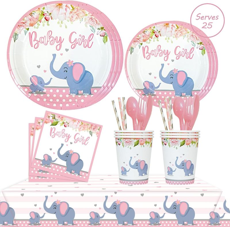 Photo 1 of Pink Elephant Baby Shower Decorations For Girl, Floral Birthday Party Supplies -Tablecloth, Paper Plates, Napkins Straws Cups Forks Spoons & Knives - Elephant Theme Tableware Set Serves 25