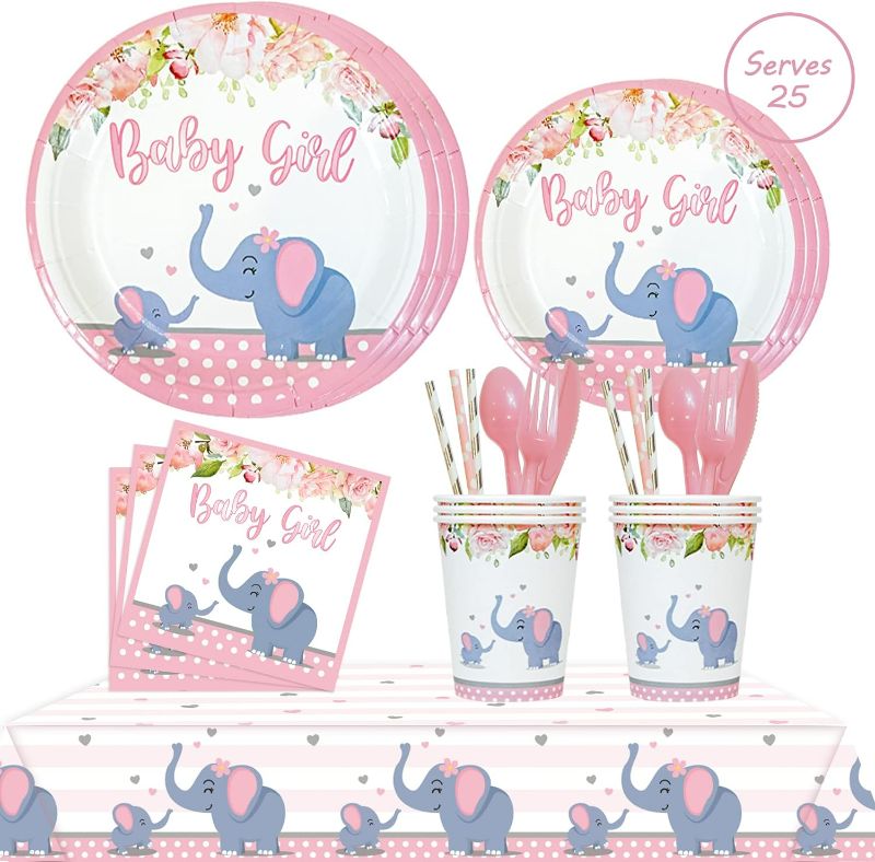 Photo 1 of  Pink Elephant Baby Shower Decorations For Girl, Floral Birthday Party Supplies -Tablecloth, Paper Plates, Napkins Straws Cups Forks Spoons & Knives - Elephant Theme Tableware Set Serves 25