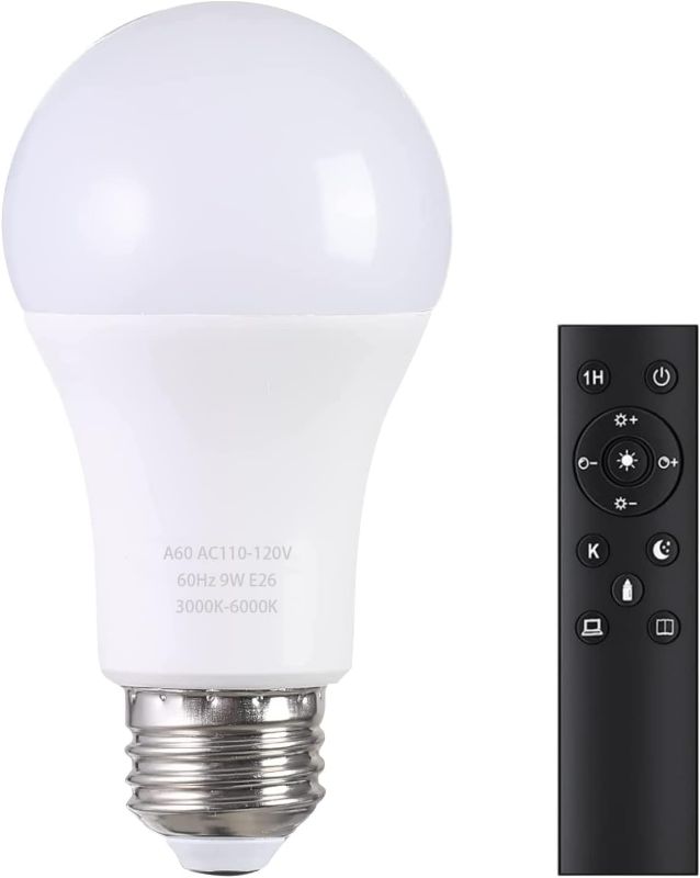 Photo 1 of A19 LED Light Bulbs with Remote Control, 800LM 9W (60W Equivalent) LED Bulbs,Stepless Dimmable 3000K-6000K,E26 Base,CRI 80+,2.4GHz,25000+ Hours Lifespan,Light Bulb for Home Decor,1Bulb & Remote
