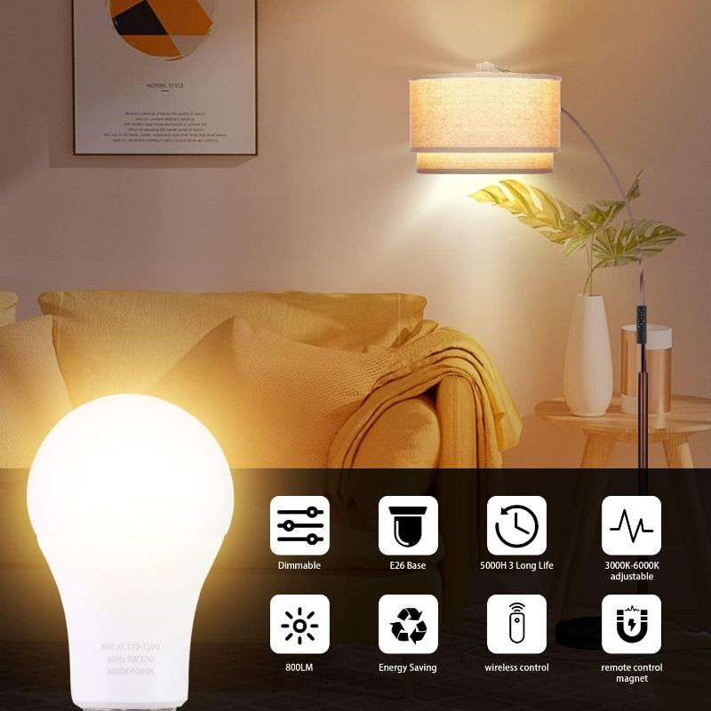 Photo 2 of A19 LED Light Bulbs with Remote Control, 800LM 9W (60W Equivalent) LED Bulbs,Stepless Dimmable 3000K-6000K,E26 Base,CRI 80+,2.4GHz,25000+ Hours Lifespan,Light Bulb for Home Decor,1Bulb & Remote
