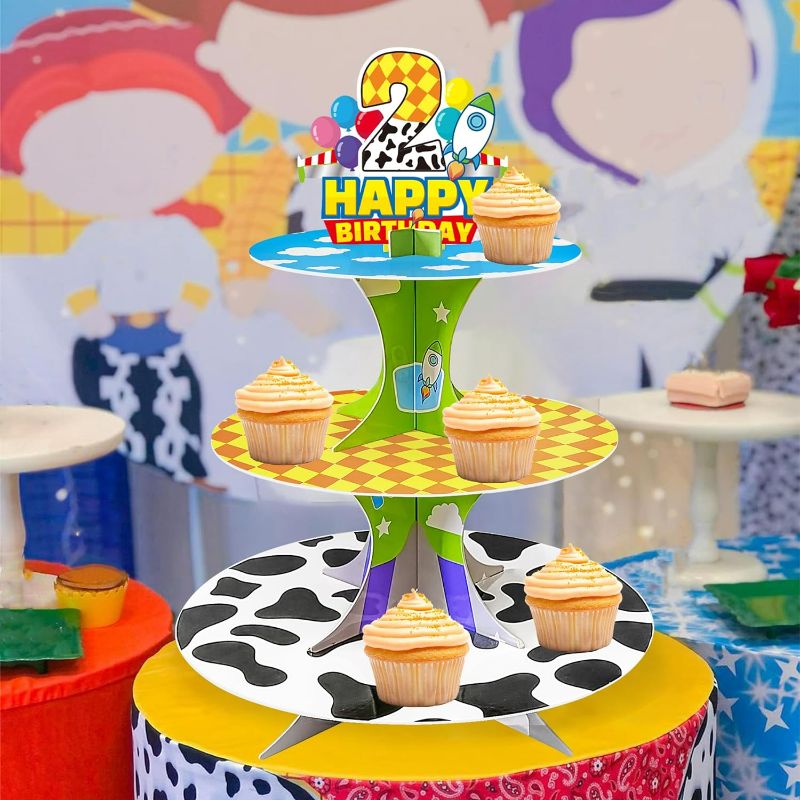 Photo 2 of Cartoon Story Cupcake Stand 2nd Cardboard Cake Stand Dessert Tower Holder for Toy Theme Birthday Decoration Baby Shower Party Supplies
