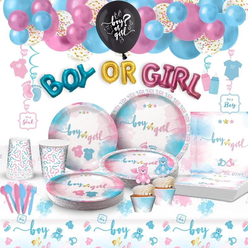 Photo 1 of Gender Reveal Party Supplies (Serves 20) - Baby Gender Reveal Decorations - Confetti Balloon, Plates, Cups, Cupcake Topper & Wrappers, Happy Birthday Banner, Tablecloth, Balloon Garland Kit.
