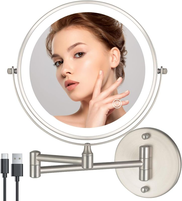 Photo 1 of 8 Inch Vanity Makeup Mirror Wall Mounted, Double Sided 1X/10X LED Magnifying Mirror, 3 Color Lights & 360°Swivel 13 Inch Extendable Bathroom Shaving Mirror- Nickel