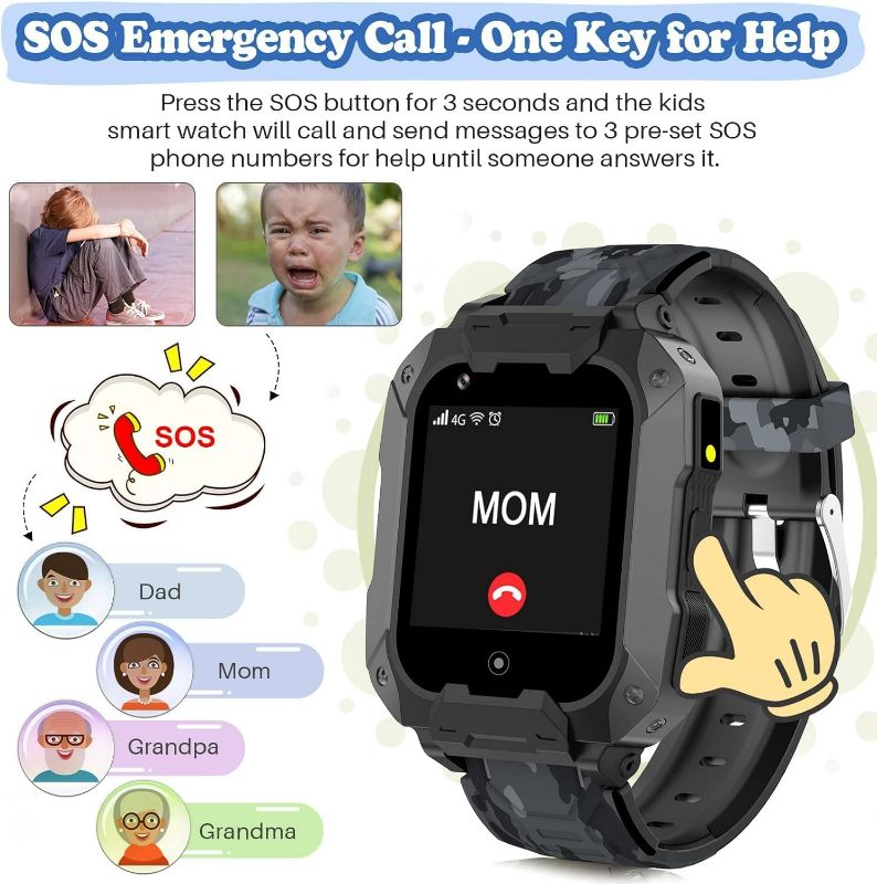 Photo 2 of cjc 4G Kids Smart Watch with GPS Tracker and Calling, HD Touch Screen Kids Cell Phone Watch Combines SMS, Voice, Video Call, SOS, WiFi, Pedometer Function, GPS Tracking Watch for Kids Boys Girls 6-12
