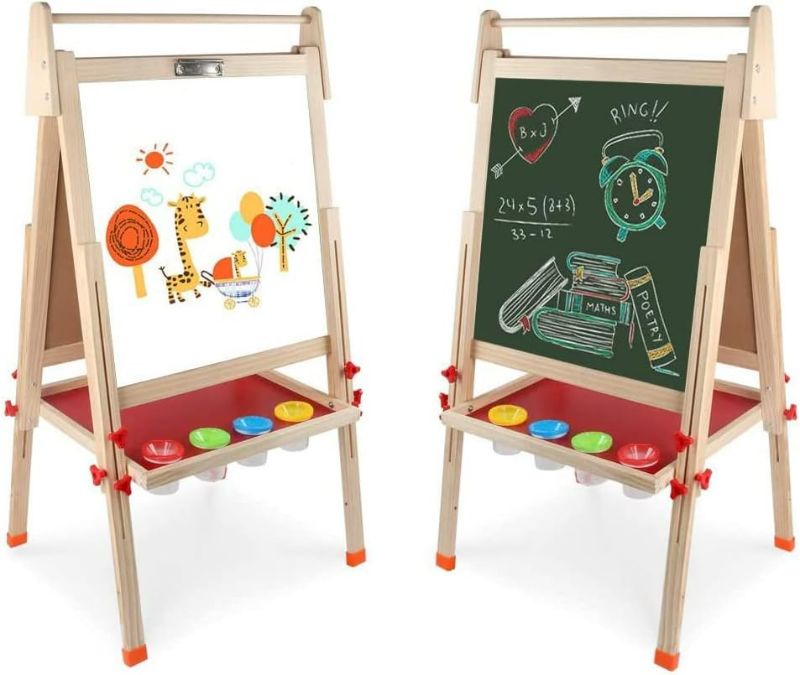 Photo 1 of Kids Wooden Art Easel Double-Sided Whiteboard and Chalkboard Adjustable Standing Easel with Paper Roll Holder,Letters and Numbers Magnets and Other Accessories Gift for Kids Toddlers Boys and Girls
