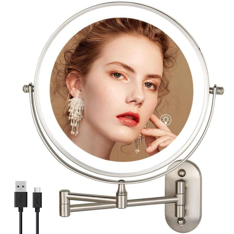 Photo 1 of 8.5 Inch Rechargeable Wall Mounted Lighted Makeup Mirror, Double-Sided 1/10x Magnifying Mirror with 3 Color Lights, Vanity Mirror with Dual-Touch & Luminance Memory (Nickel)
