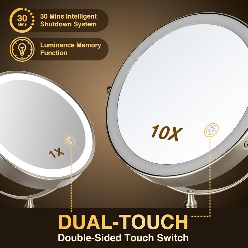 Photo 2 of 8.5 Inch Rechargeable Wall Mounted Lighted Makeup Mirror, Double-Sided 1/10x Magnifying Mirror with 3 Color Lights, Vanity Mirror with Dual-Touch & Luminance Memory (Nickel)
