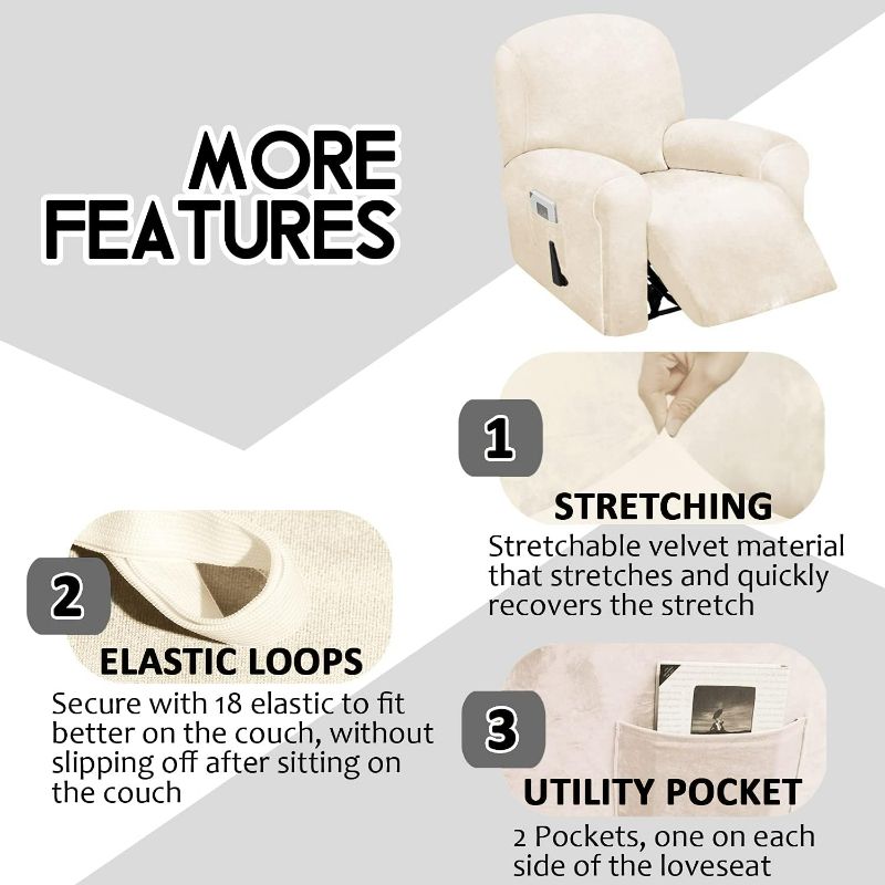 Photo 2 of ULTICOR 4-Piece, 1 Seat Recliner Cover, Velvet Stretch Reclining Chair Covers for 1 Cushion Reclining Sofa, Single Seat Recliner Couch Cover, Thick, Very Soft, Machine Washable (Ivory)
