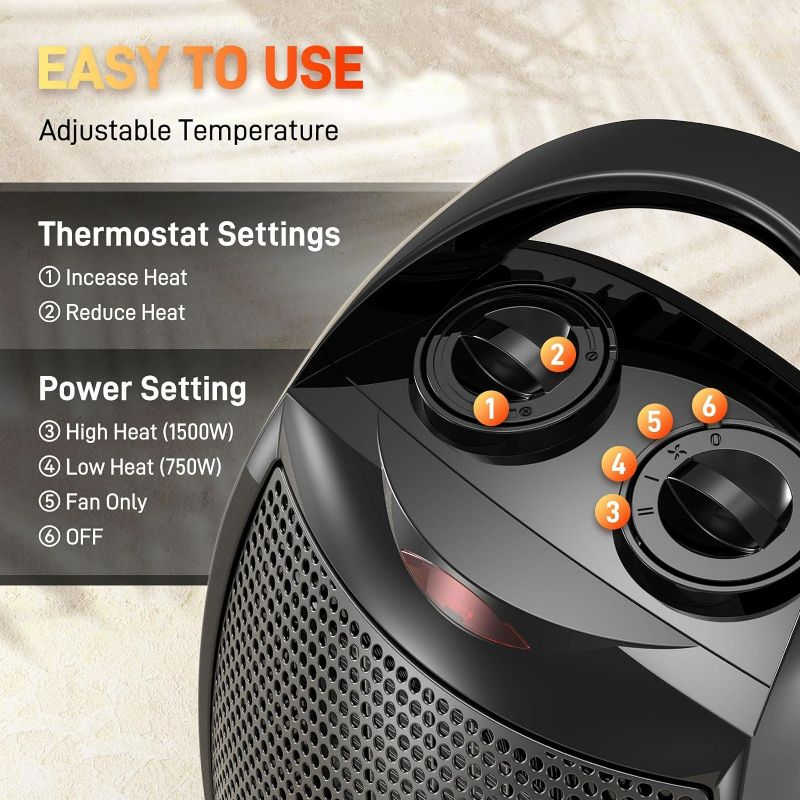 Photo 3 of Rintuf Small Space Heater, 1500W Electric Heater, PTC Fast Heating Ceramic Heater w/ 3 Modes, Adjustable Thermostat, Overheat/Tip-Over Protection, Portable Heater Fan for Office Room Desk Indoor Use
