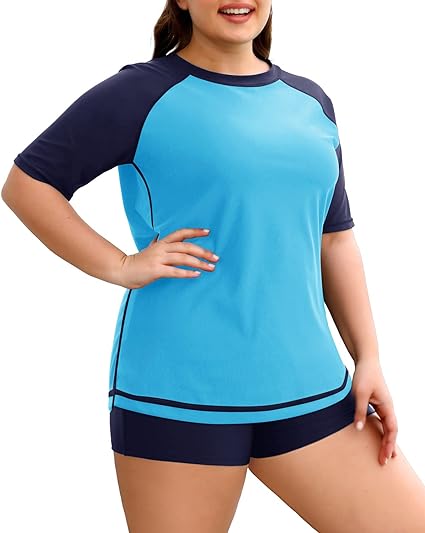 Photo 1 of Size 4X  Two Piece Women Plus Size Rash Guard Short Sleeve Swim Shirts and Shorts UPF 50+ Rashguard Swimsuit