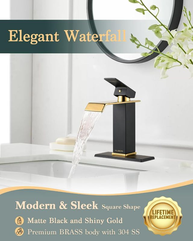 Photo 2 of Waterfall Bathroom Faucets 1 Hole Single Handle, Matte Black & Shiny Gold Bathroom Sink Faucet with Metal Pop Up Drain, Modern Square Faucet for Bathroom Sink Single Hole
