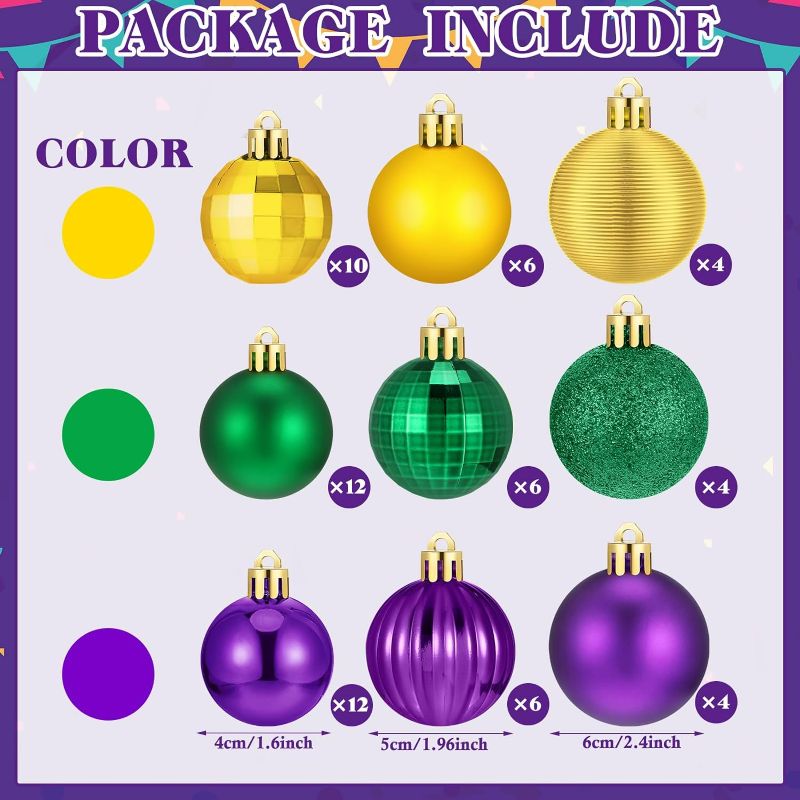 Photo 2 of 64 Pcs Mardi Gras Ball Ornaments for Tree Mardi Gras Decoration Glitter Purple Yellow Green Ornament Assorted Size Mardi Gras Ornament for Christmas Tree Party Supplies, 1.6/1.97/2.4 Inch
