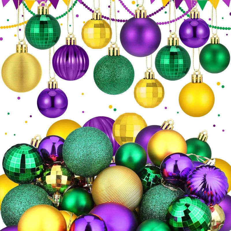 Photo 1 of 64 Pcs Mardi Gras Ball Ornaments for Tree Mardi Gras Decoration Glitter Purple Yellow Green Ornament Assorted Size Mardi Gras Ornament for Christmas Tree Party Supplies, 1.6/1.97/2.4 Inch
