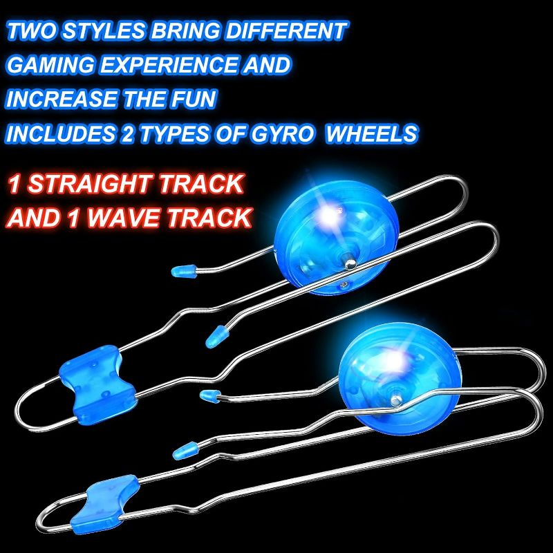 Photo 2 of Sumind 6 Pcs Magnetic Gyro Wheels for Kids Light up Rail Twirler Set Retro Magic Gravity Defying Stunt Toy for Boys and Girls (Red, Blue, Green,Straight Rail, Wave Rail)
