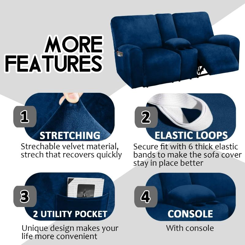 Photo 2 of ULTICOR Reclining Love Seat with Middle Console Slipcover, 8-Piece Velvet Stretch Loveseat Reclining Sofa Covers, 2 seat Loveseat Recliner Cover, Thick, Soft, Washable, Loveseat Slipcovers (Navy)
