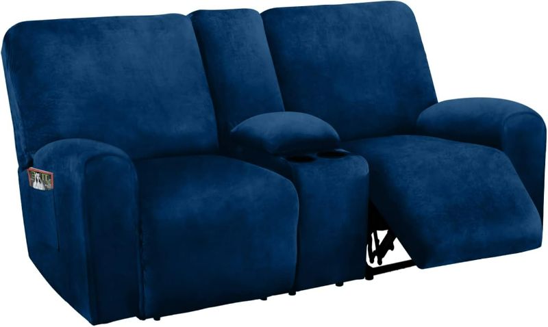 Photo 1 of ULTICOR Reclining Love Seat with Middle Console Slipcover, 8-Piece Velvet Stretch Loveseat Reclining Sofa Covers, 2 seat Loveseat Recliner Cover, Thick, Soft, Washable, Loveseat Slipcovers (Navy)
