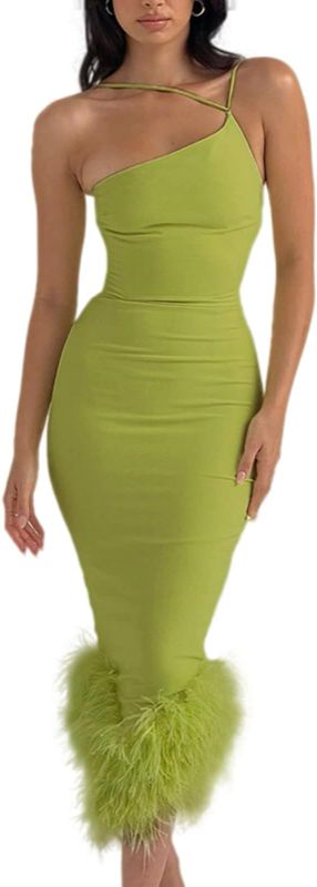 Photo 1 of M Womens Elegant One Shoulder Feather Hem Split Bandage Sleeveless Bodycon Long Dress Club Party Outfits
