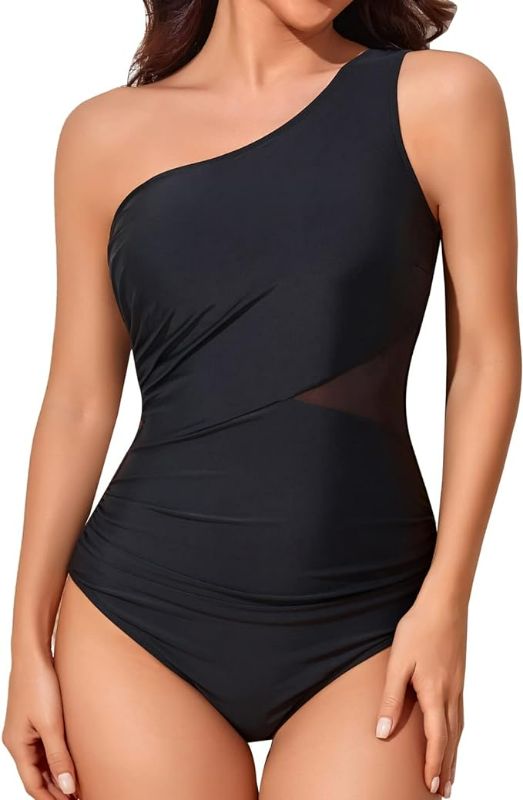 Photo 1 of Large Smismivo Tummy Control Swimsuits for Women One Piece Ruched One Shoulder Bathing Suit Slimming Mesh Curvy Padded Swimwear
