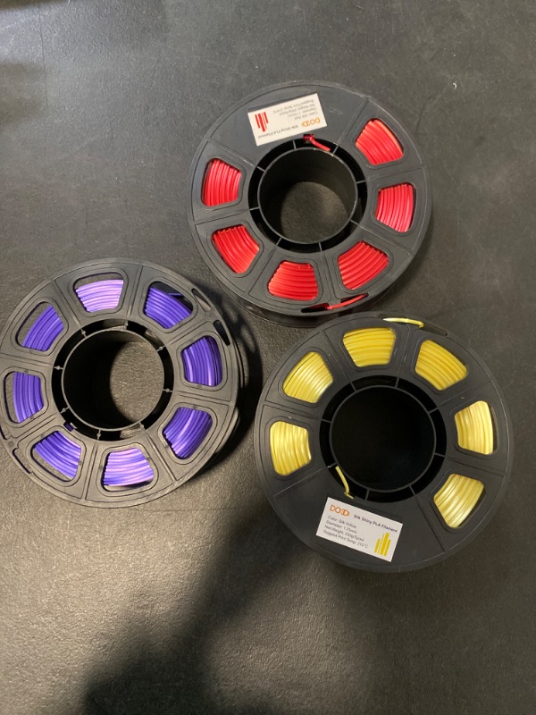 Photo 2 of 1.75mm Silk Shiny PLA 3D Printer Filament 3 Bright Colors Bundle: Silk Yellow/Red/Purple, Each Spool 250g, Total 2Kg 3D Printing Material