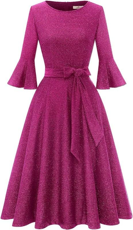 Photo 1 of Small HomRain Women's Elegant Bell Sleeve Cocktail Party Dresses for Wedding Guest Fit and Flare Modest Church Midi Evening Dress
