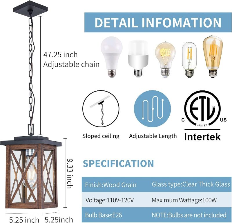 Photo 2 of Outdoor Pendant Lights Fixtures,Modern Wood Grain Farmhouse Hanging Lighting,Adjustable Chain Ceiling Chandelier,Vintage 1-Light Porch Lantern Lamp for Garden Patio,Entryway,Backyard,1 pack
