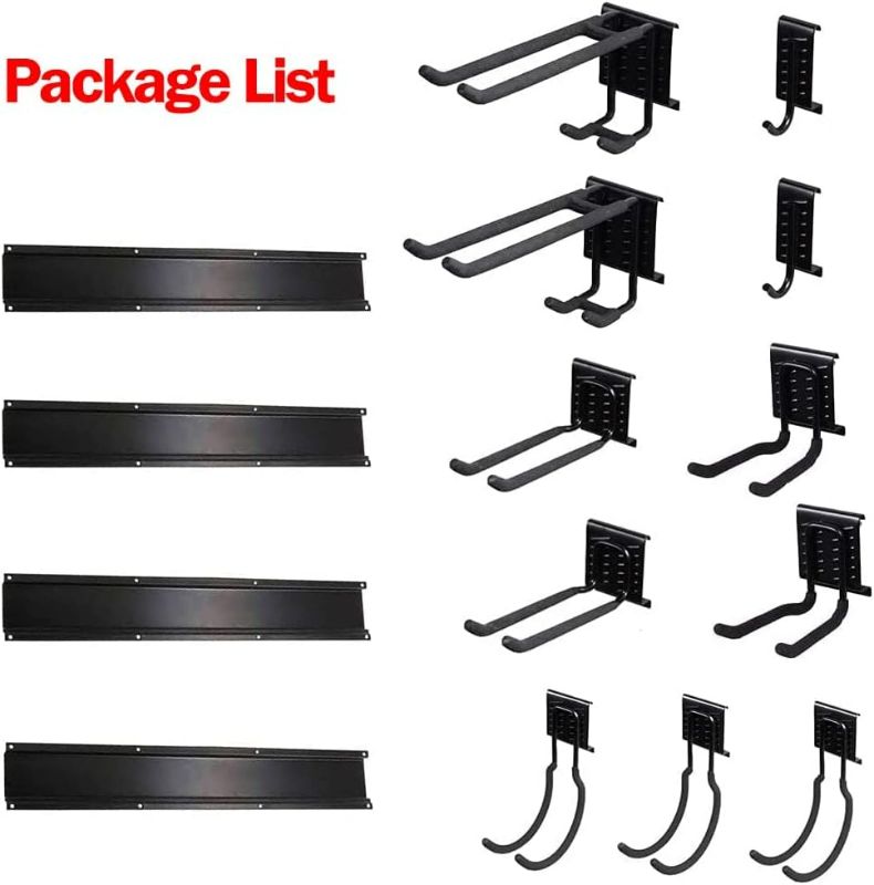 Photo 3 of Ultrawall 13 PCS Tool Storage Rack, 64 Inches Adjustable Garage Organization Wall Mounted Storage System with 9 Hooks, Heavy Duty Steel Garden Tool Organizer Wall Holders
