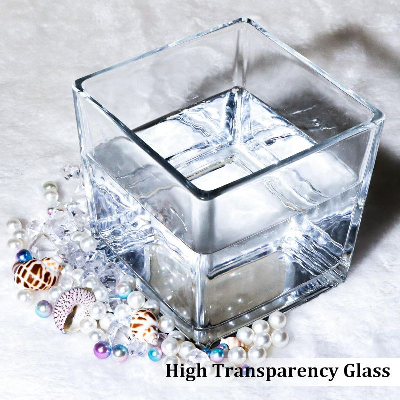 Photo 3 of Set of 6 Square Glass Vases 5" x5" x 5", Clear Flower Vases for Centerpieces, Candle Holder for Wedding Party Events, Home Décor
