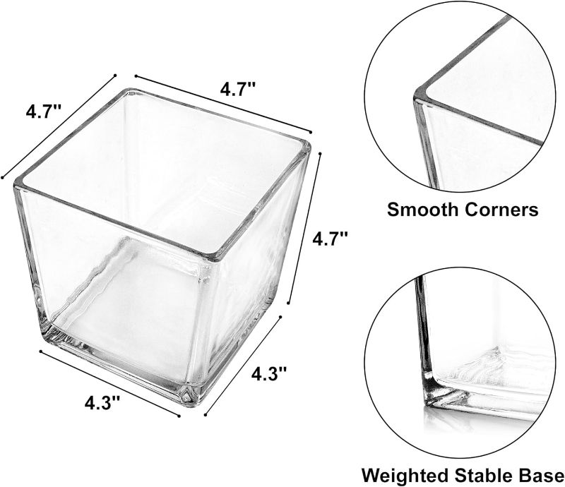 Photo 2 of Set of 6 Square Glass Vases 5" x5" x 5", Clear Flower Vases for Centerpieces, Candle Holder for Wedding Party Events, Home Décor
