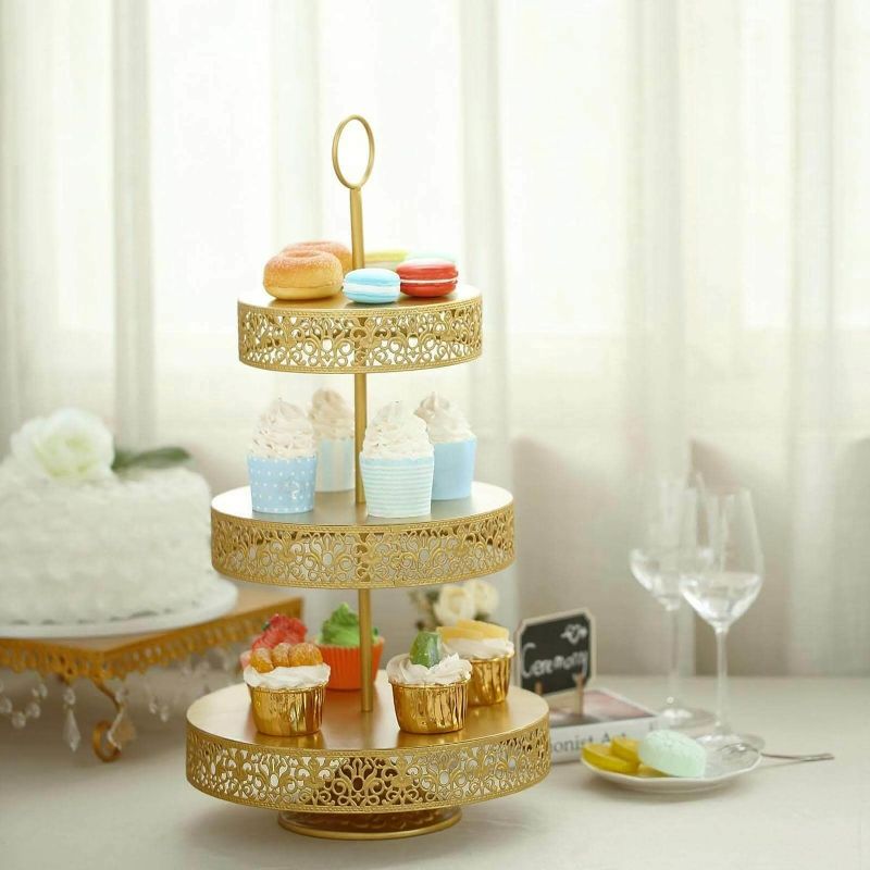Photo 1 of  Gold Metal 3-Tier Round Reversible Cupcake Dessert Holder Display Stand Padro Cake Stands Kitchen Set Cake Stand Set Cake Carrier Cake Decorating Tools Cake Decorating kit Dessert Stand