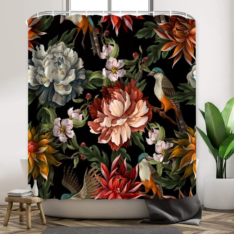 Photo 1 of Black Boho Floral Shower Curtain Unique Colorful Bohemian Mandala Beautiful Flower Leaves Shower Curtain for Bathroom Cute Spring Bright Blossom Modern Aesthetic Shower Curtain Sets with Hooks
