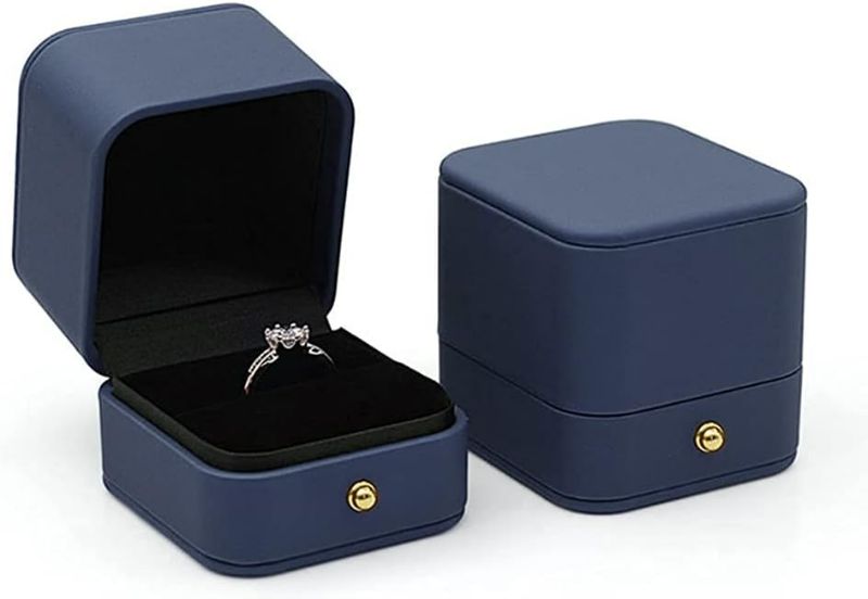 Photo 1 of Engagement Ring Box Dusty Blue, Premium Leather Velvet Sapphire blue Portable Keepsake Jewelry Bearer Box for Proposal, Wedding, Ceremony, Anniversary, Gift

