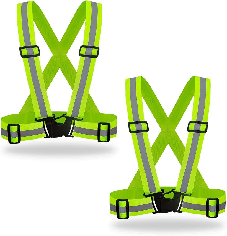 Photo 1 of 2 Pack - Adjustable Bright Neon Color High Visibility Reflective Safety Straps Gear for Traffic Control, Running, Cycling

