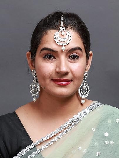 Photo 1 of Bollywood Fashion Faux Pearl Drop Forehead Maang Tikka With Indian Earrings For Women
