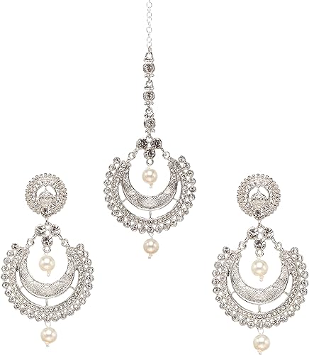 Photo 2 of Bollywood Fashion Faux Pearl Drop Forehead Maang Tikka With Indian Earrings For Women
