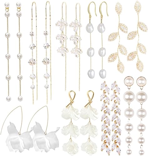 Photo 1 of 9 Pairs Long Tassel Dangle Earrings for Women Girls Sparkling CZ Threader Drop Earrings Chain Olive Leaf Wedding Bridal Earrings Set
