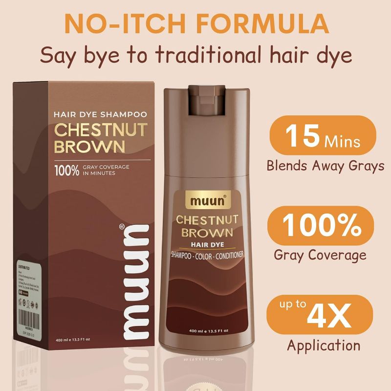 Photo 3 of Muun Chestnut Brown Hair Dye Shampoo - 3-In-1 Ammonia Free Hair Color Shampoo for Gray Hair Coverage for Women and Men in minutes with Herbal Natural Ingredients 400ml
