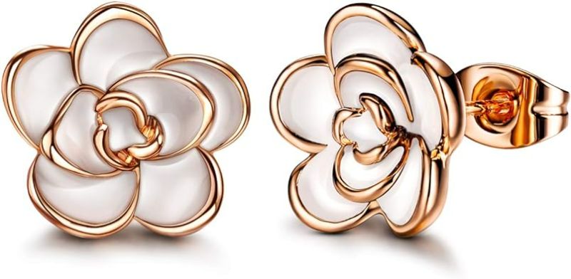 Photo 1 of Rose Flower Stud Earrings for Sensitive Ears &  Gold Knuckle Rings Set for Women Girls Snake Chain Stacking Ring Vintage BOHO Midi Rings Size Mixed set 