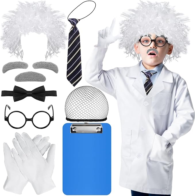 Photo 1 of Small 9 Pieces Mad Scientist Costume Set Halloween Crazy Mad Scientist Wig Lab Coat Glasses Mustache Physicist Costume
